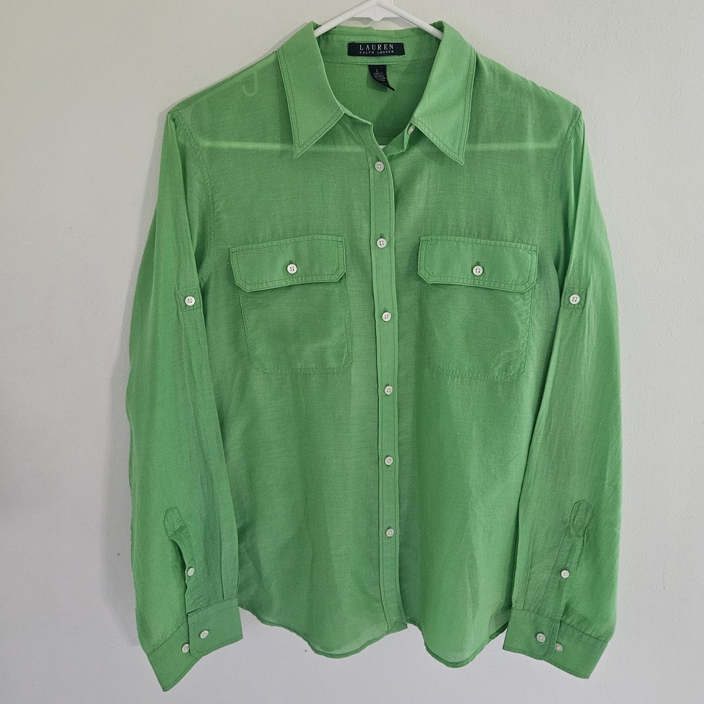 LRL Ralph Lauren Silk Cotton Long Sleeve Button Up Blouse L Green Women Shirt